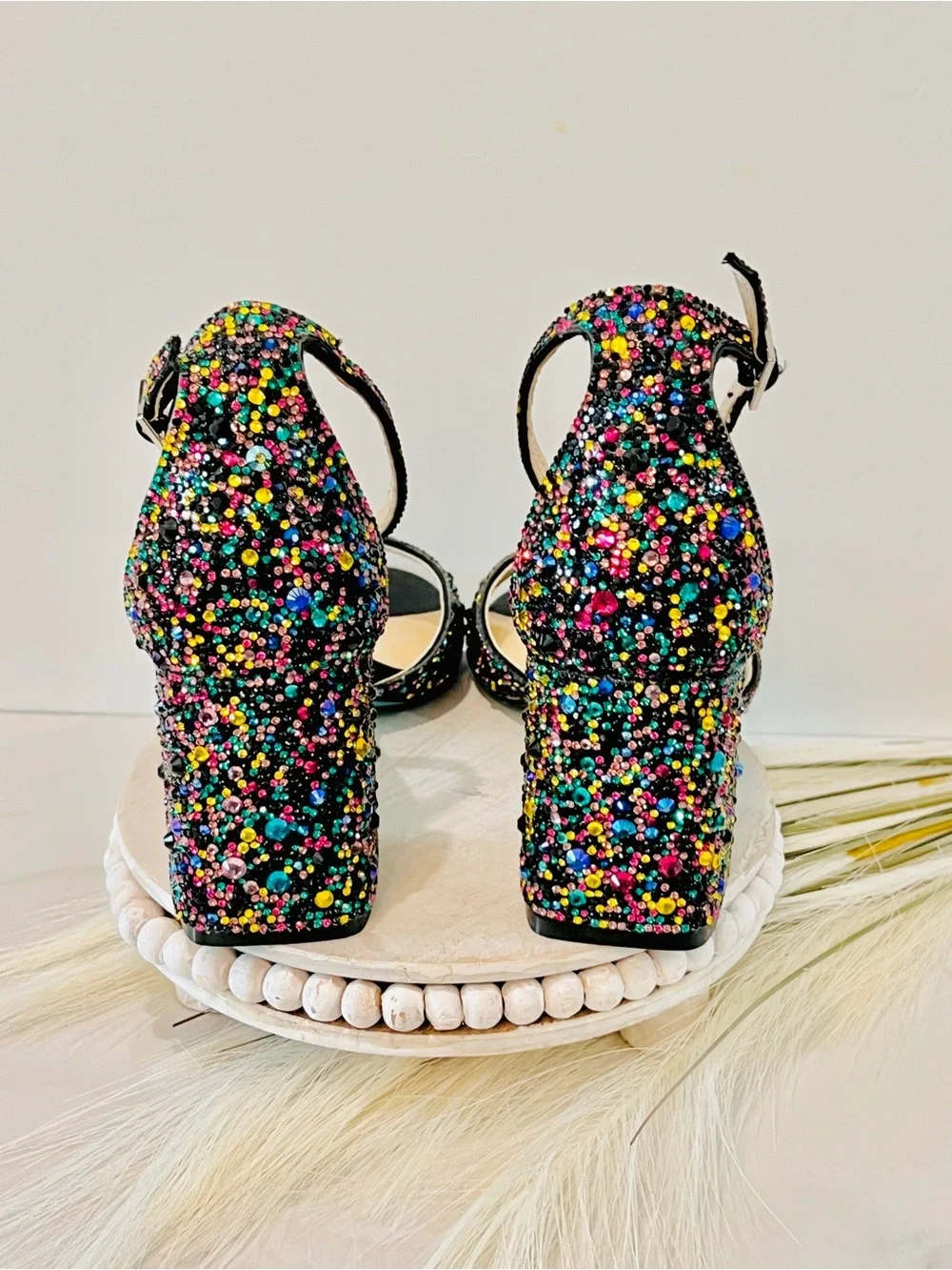Betsey Johnson Black Multicolor Glitter Block Heel Sandals